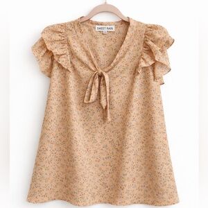 Sweet Rain Peach Floral Top with Ruffle Sleeves Size: 3X